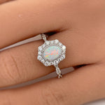 Load image into Gallery viewer, Oval Opal Art Deco Engagement Ring, Vintage Opal Wedding Ring, Oval Opal Art Deco Halo Ring