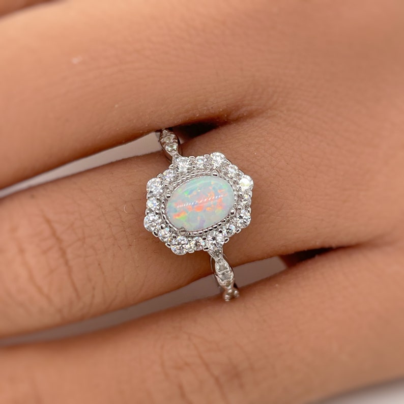 Oval Opal Art Deco Engagement Ring, Vintage Opal Wedding Ring, Oval Opal Art Deco Halo Ring