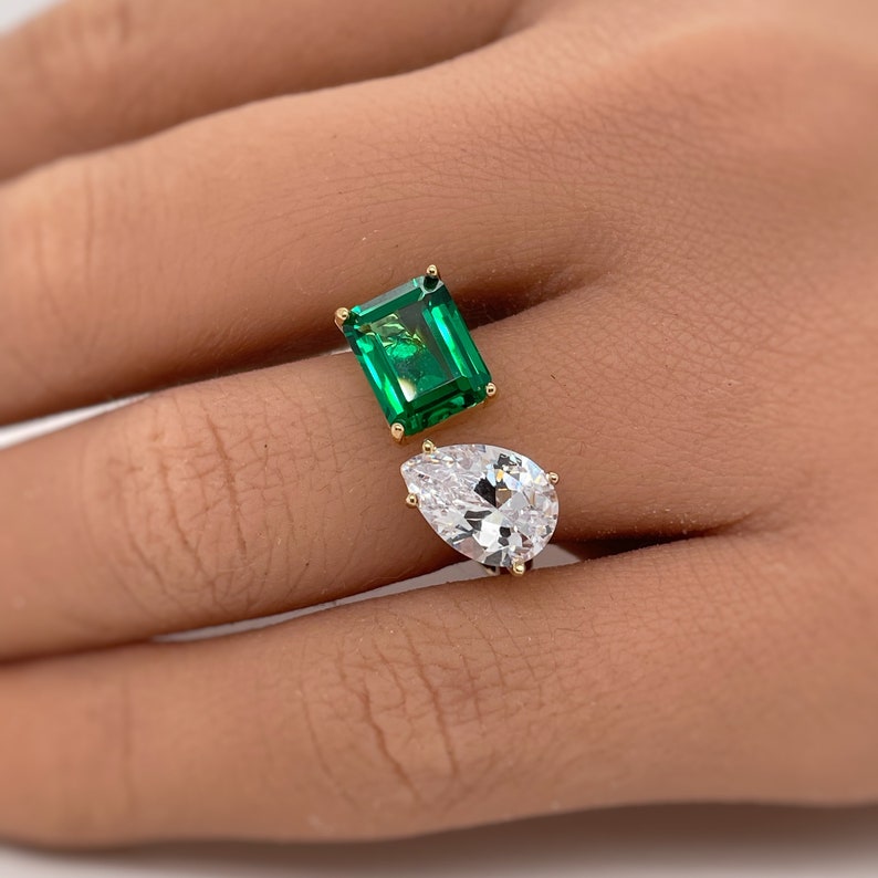 Double Stone Ring, 2 Stone Engagement Ring, Emerald Cut and Pear Cut Statement Ring, Toi et Moi Ring, Sterling Silver with Vermeil