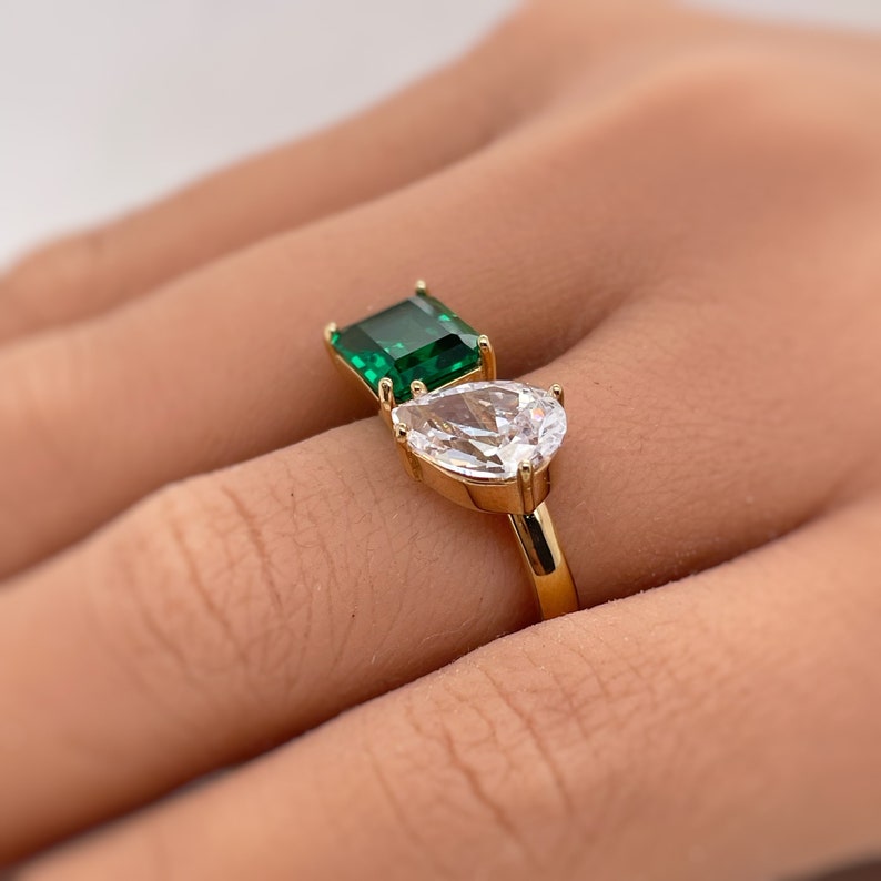 Double Stone Ring, 2 Stone Engagement Ring, Emerald Cut and Pear Cut Statement Ring, Toi et Moi Ring, Sterling Silver with Vermeil