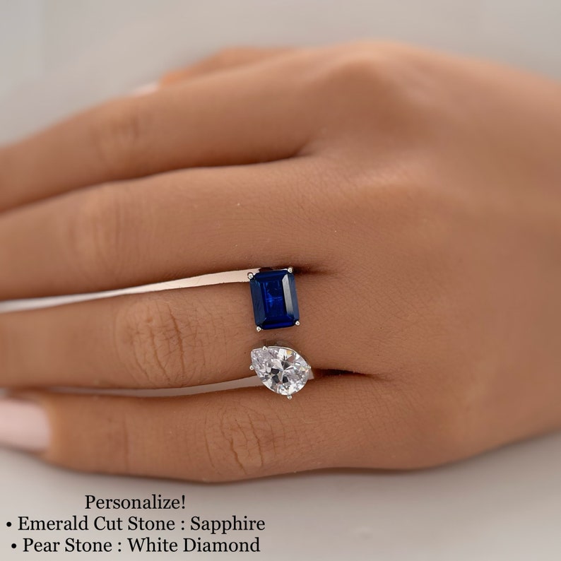 Double Stone Ring, 2 Stone Engagement Ring, Emerald Cut and Pear Cut Statement Ring, Toi et Moi Ring, Sterling Silver with Vermeil