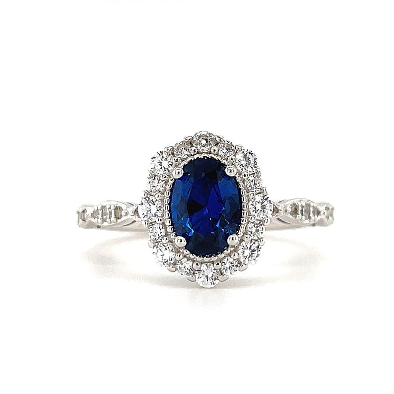 Oval Sapphire Art Deco Engagement Ring, Oval Halo Blue Sapphire Ring, Simulated Diamond & Sapphire Proposal Anniversary Ring Sterling Silver