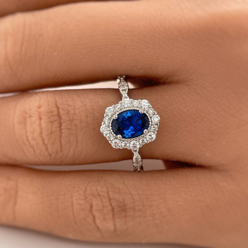 Oval Sapphire Art Deco Engagement Ring, Oval Halo Blue Sapphire Ring, Simulated Diamond & Sapphire Proposal Anniversary Ring Sterling Silver