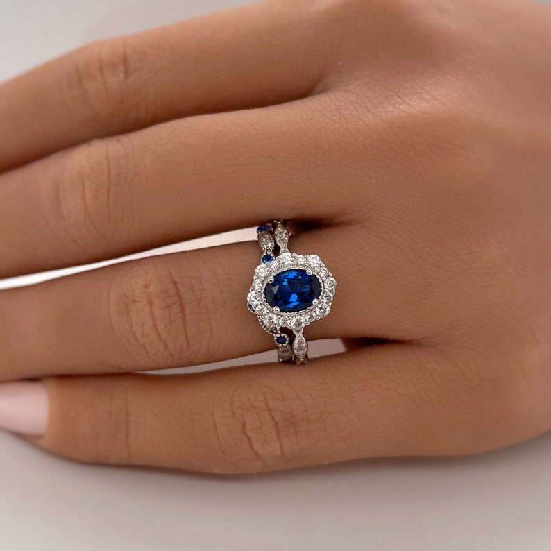 Oval Sapphire Art Deco Engagement Ring, Oval Halo Blue Sapphire Ring, Simulated Diamond & Sapphire Proposal Anniversary Ring Sterling Silver