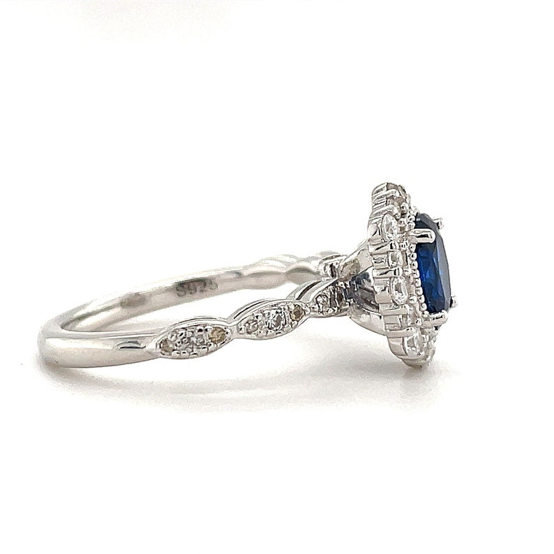 Oval Sapphire Art Deco Engagement Ring, Oval Halo Blue Sapphire Ring, Simulated Diamond & Sapphire Proposal Anniversary Ring Sterling Silver