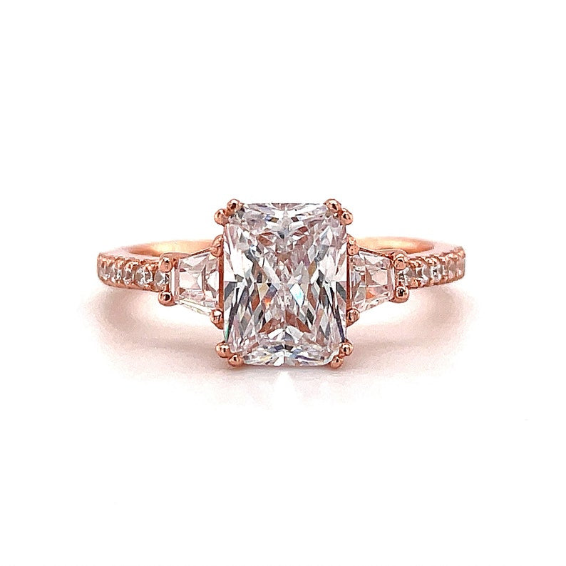 2.00ct Radiant Cut Engagement Ring, Radiant & Trapezoid Diamond Solitaire Ring, Simulated Diamonds, Sterling Silver with Vermeil, Minimalist