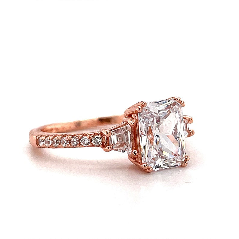 2.00ct Radiant Cut Engagement Ring, Radiant & Trapezoid Diamond Solitaire Ring, Simulated Diamonds, Sterling Silver with Vermeil, Minimalist