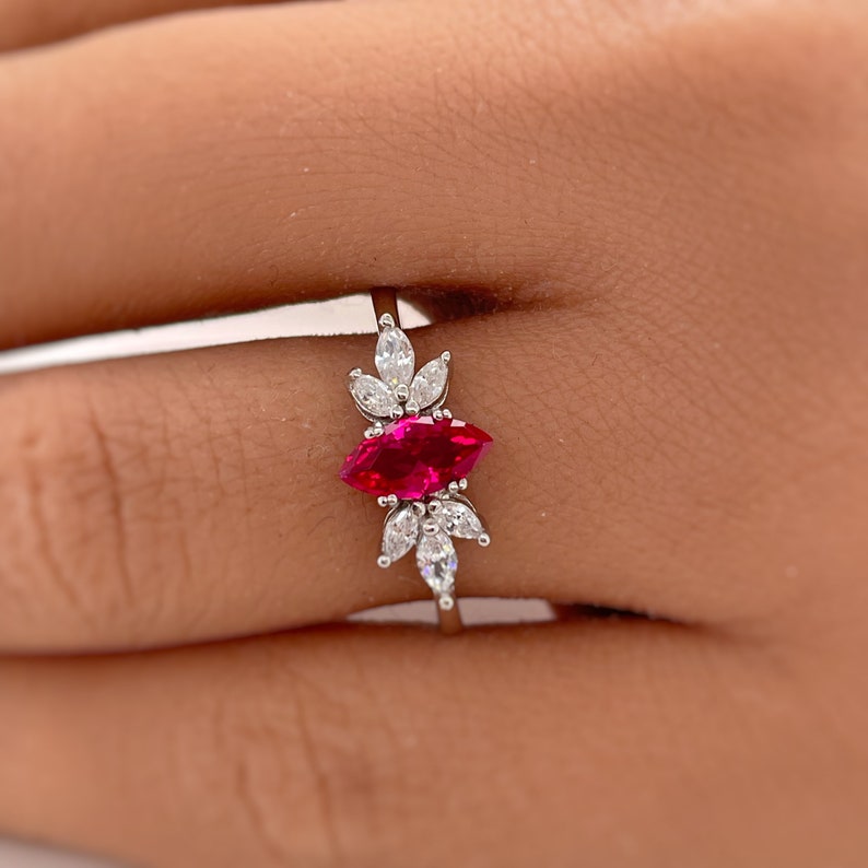 Ruby Marquise Art Deco Flower Engagement Ring, Dainty Ruby Marquise Ring, Art Deco Minimalist Wedding Ring, Promise Ring