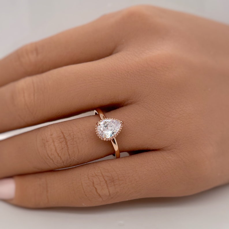 1.00ct Moissanite Pear Engagement Ring Solitaire Sterling Silver with Vermeil Tear Drop Proposal Ring Simple Rope, Minimalist, Wedding Ring