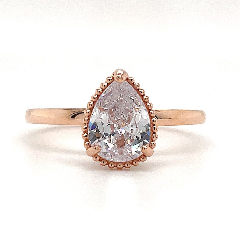 1.00ct Moissanite Pear Engagement Ring Solitaire Sterling Silver with Vermeil Tear Drop Proposal Ring Simple Rope, Minimalist, Wedding Ring