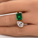 Load image into Gallery viewer, Double Stone Ring, 2 Stone Engagement Ring, Emerald Cut and Pear Cut Statement Ring, Toi et Moi Ring, Sterling Silver with Vermeil