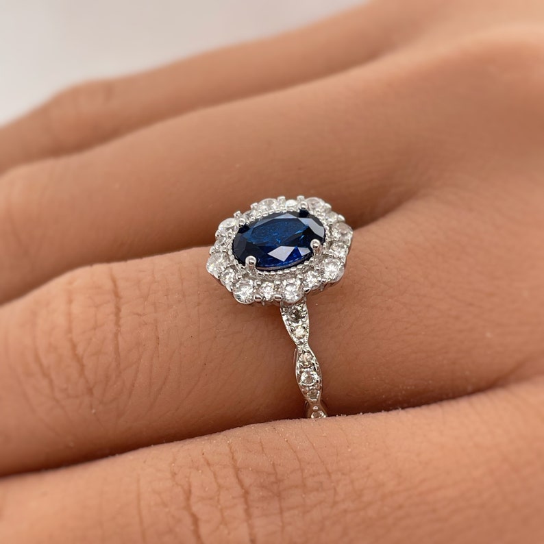Oval Sapphire Art Deco Engagement Ring, Oval Halo Blue Sapphire Ring, Simulated Diamond & Sapphire Proposal Anniversary Ring Sterling Silver