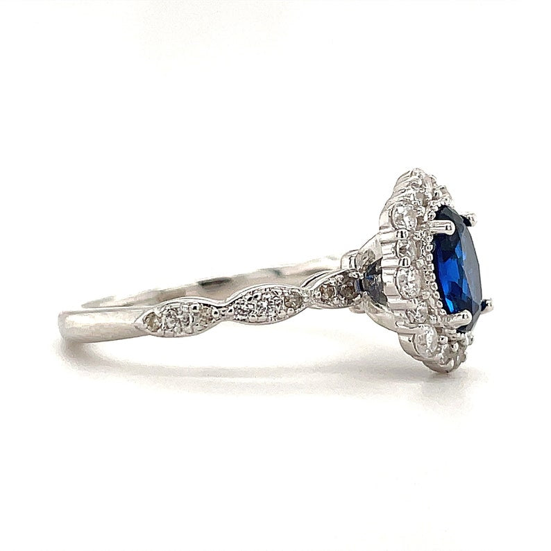 Oval Sapphire Art Deco Engagement Ring, Oval Halo Blue Sapphire Ring, Simulated Diamond & Sapphire Proposal Anniversary Ring Sterling Silver