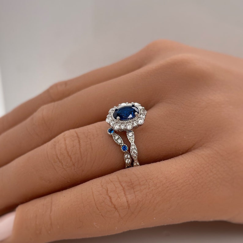 Oval Sapphire Art Deco Engagement Ring, Oval Halo Blue Sapphire Ring, Simulated Diamond & Sapphire Proposal Anniversary Ring Sterling Silver