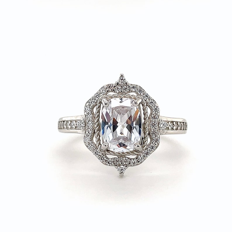 Radiant Cut Art Deco Engagement Ring, Unique Vintage Art Nouveau Engagement Ring, Radiant Cut Art Deco Halo Ring