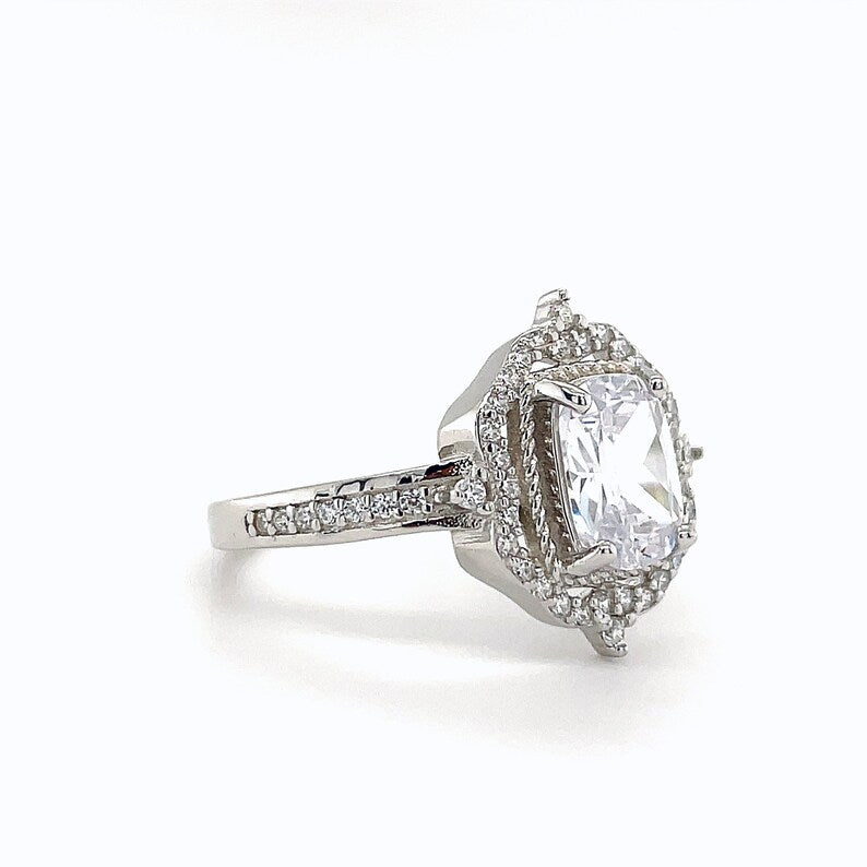 Radiant Cut Art Deco Engagement Ring, Unique Vintage Art Nouveau Engagement Ring, Radiant Cut Art Deco Halo Ring