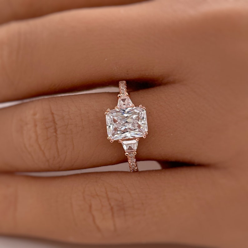 2.00ct Radiant Cut Engagement Ring, Radiant & Trapezoid Diamond Solitaire Ring, Simulated Diamonds, Sterling Silver with Vermeil, Minimalist