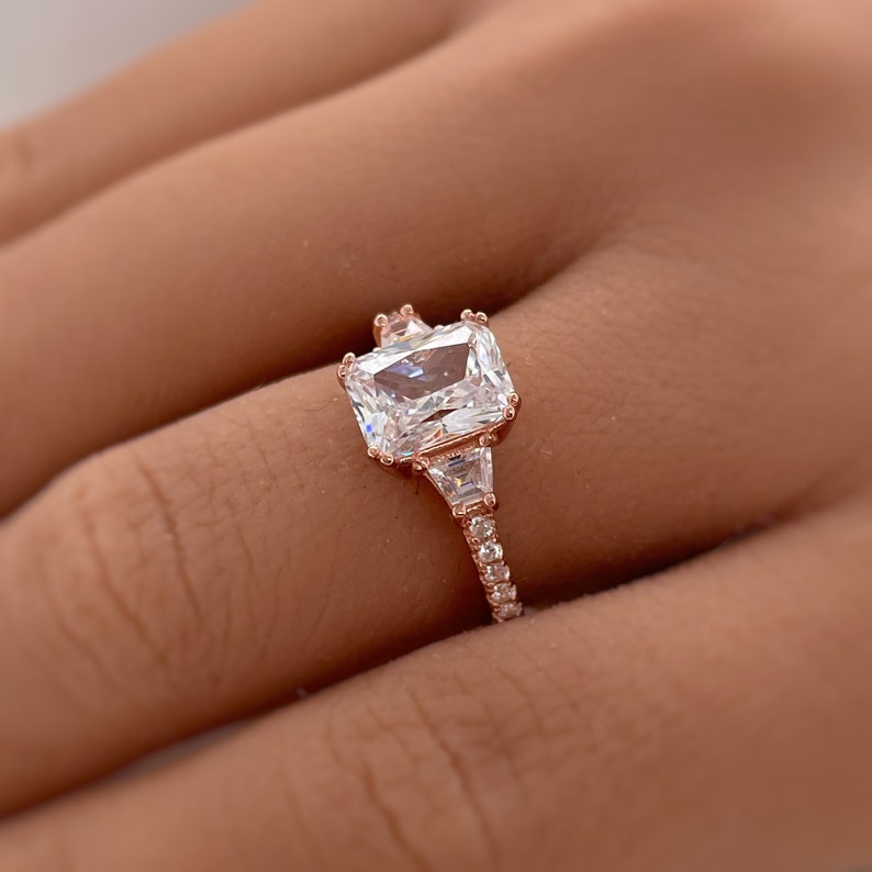 2.00ct Radiant Cut Engagement Ring, Radiant & Trapezoid Diamond Solitaire Ring, Simulated Diamonds, Sterling Silver with Vermeil, Minimalist