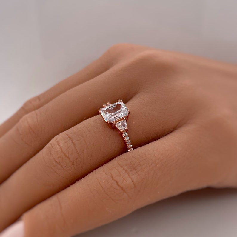 2.00ct Radiant Cut Engagement Ring, Radiant & Trapezoid Diamond Solitaire Ring, Simulated Diamonds, Sterling Silver with Vermeil, Minimalist