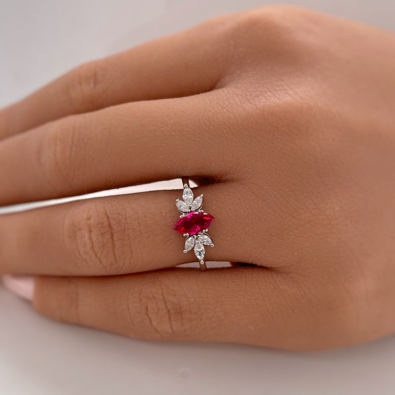 Ruby Marquise Art Deco Flower Engagement Ring, Dainty Ruby Marquise Ring, Art Deco Minimalist Wedding Ring, Promise Ring