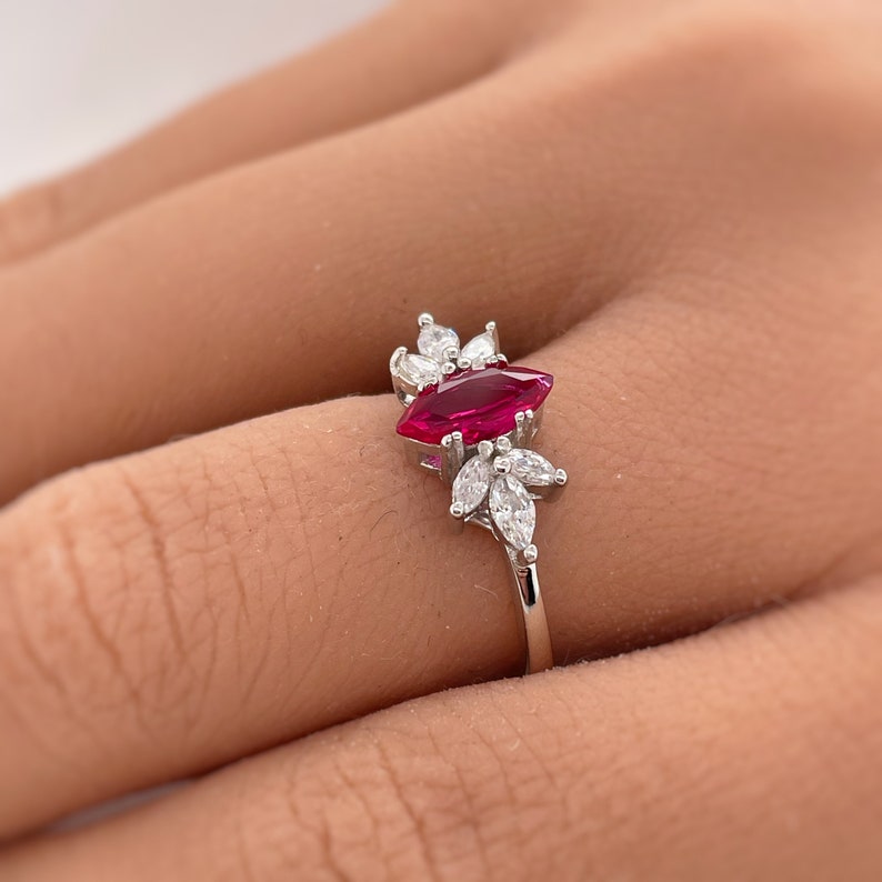 Ruby Marquise Art Deco Flower Engagement Ring, Dainty Ruby Marquise Ring, Art Deco Minimalist Wedding Ring, Promise Ring