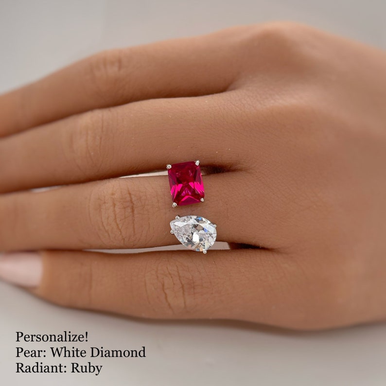 Double Stone Ring, 2 Stone Engagement Ring, Emerald Cut and Pear Cut Statement Ring, Toi et Moi Ring, Sterling Silver with Vermeil