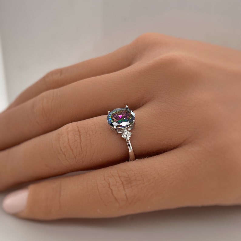 1.00ct Oval Mystic Topaz Engagement Ring / Oval Rainbow Topaz / Sterling Silver / Proposal Ring Wedding Ring