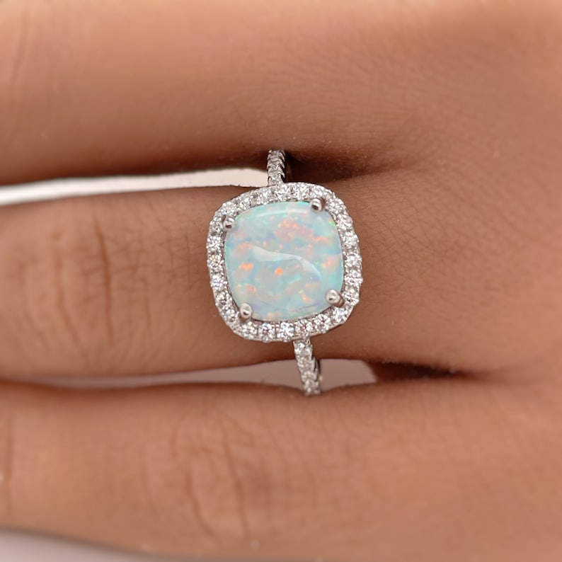 Art Deco Fire Opal Halo Ring: Sterling Silver Engagement Ring