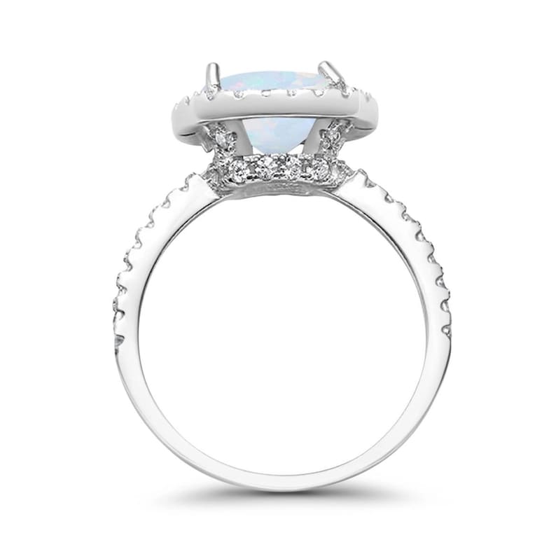 Art Deco Fire Opal Halo Ring: Sterling Silver Engagement Ring