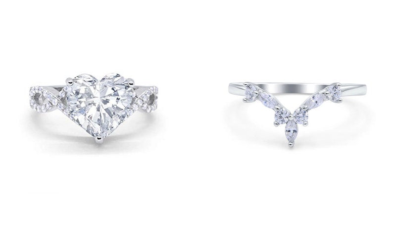 3.00ct Heart Moissanite Engagement Ring Set, Infinity Heart Ring with Fitted Chevron Band, Wedding Ring Set, Genuine Heart Moissanite