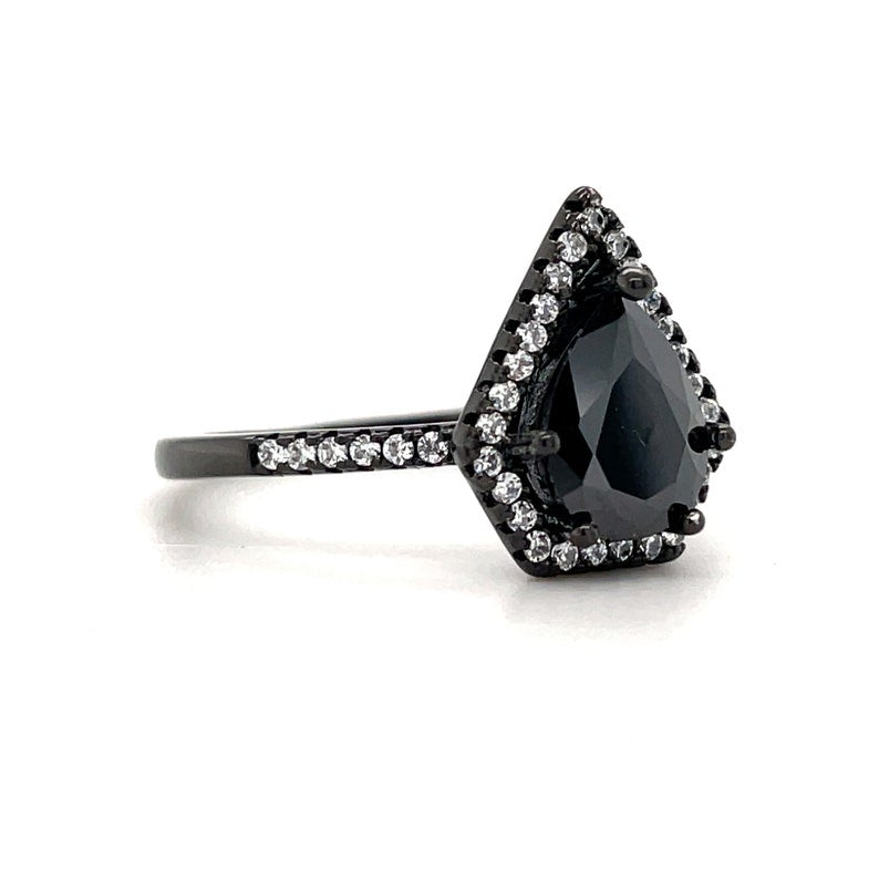 Kite Black Diamond Engagement Ring, Triangle Halo Black Engagement Ring, Pear Halo Ring, Coffin Statement Ring, Unique Engagement Ring