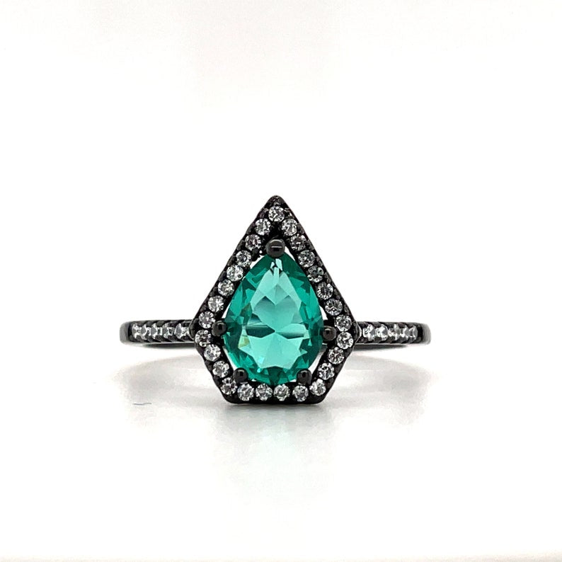 Kite Black Diamond Engagement Ring, Triangle Halo Black Engagement Ring, Pear Halo Ring, Coffin Statement Ring, Unique Engagement Ring