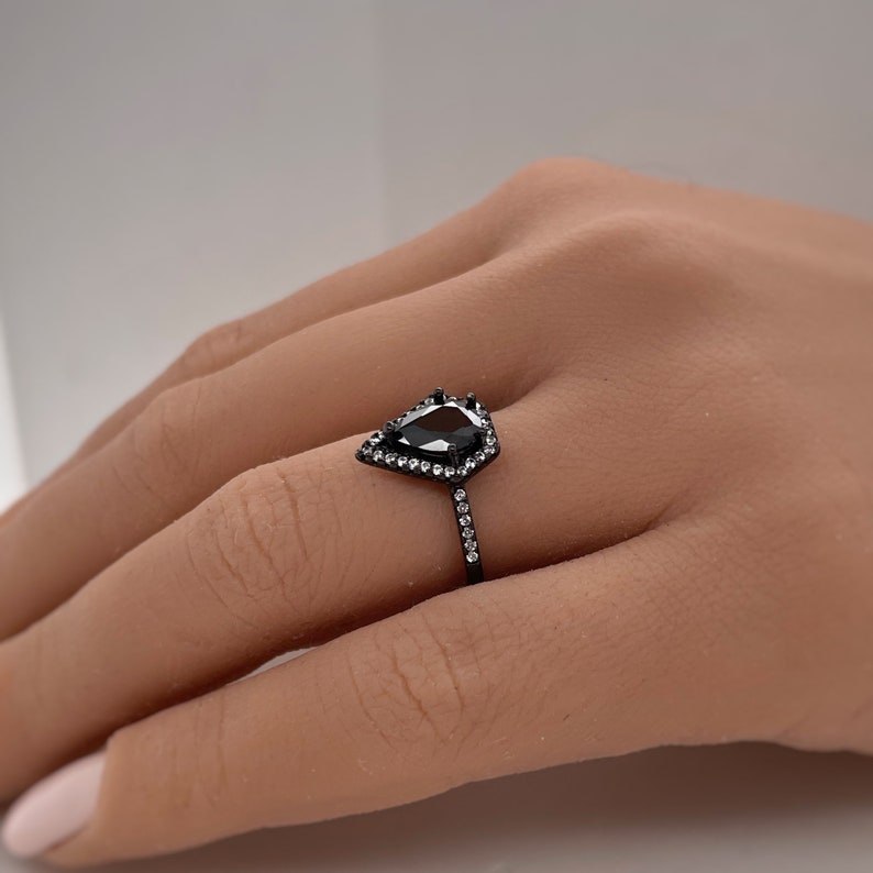 Kite Black Diamond Engagement Ring, Triangle Halo Black Engagement Ring, Pear Halo Ring, Coffin Statement Ring, Unique Engagement Ring