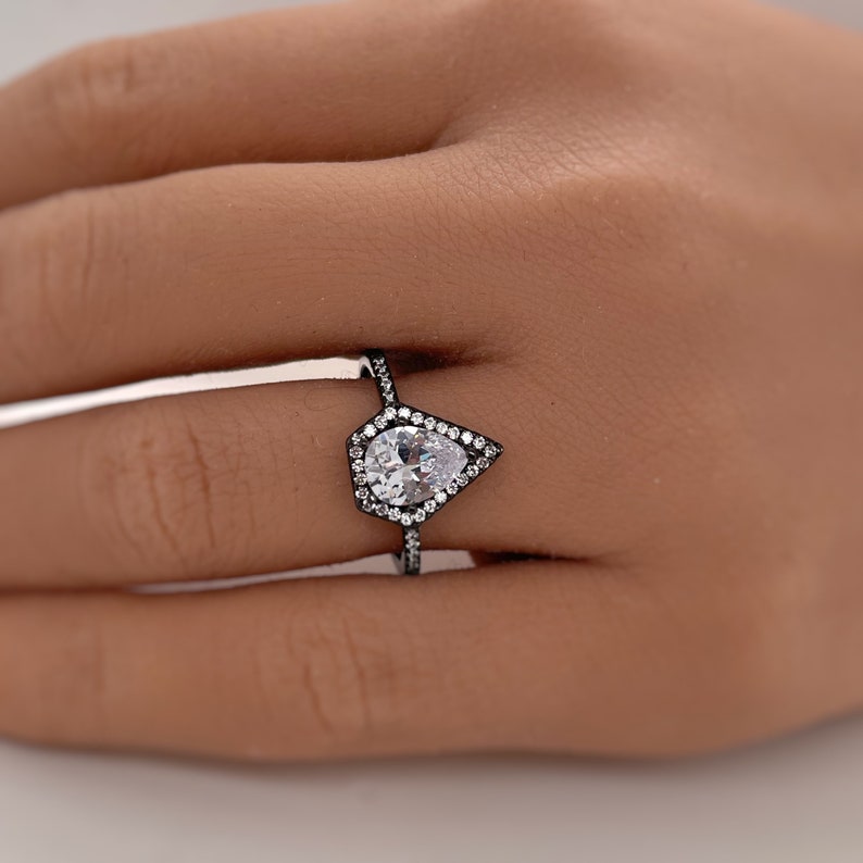 Kite Black Diamond Engagement Ring, Triangle Halo Black Engagement Ring, Pear Halo Ring, Coffin Statement Ring, Unique Engagement Ring
