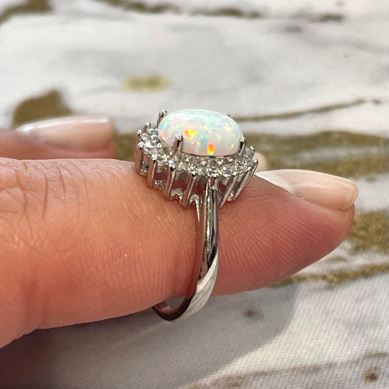 Oval Opal Halo Engagement Ring, Art Deco Opal Engagement Ring Wedding Ring, Oval Opal Proposal Ring, Statement Opal Ring