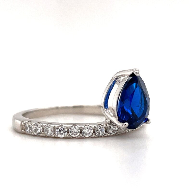 Pear Solitaire Ring, Teardrop Blue Sapphire Ring, Simulated Diamond Pear Sapphire Statement Anniversary Ring, Sterling Silver, Custom Stone