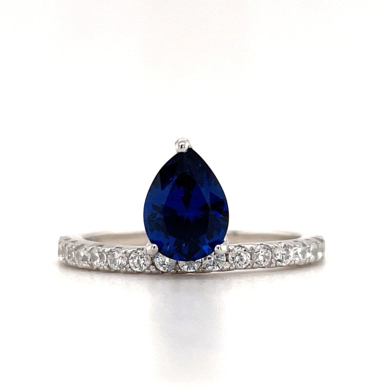 Pear Solitaire Ring, Teardrop Blue Sapphire Ring, Simulated Diamond Pear Sapphire Statement Anniversary Ring, Sterling Silver, Custom Stone