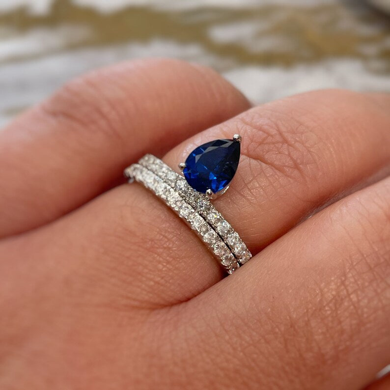 Pear Solitaire Ring, Teardrop Blue Sapphire Ring, Simulated Diamond Pear Sapphire Statement Anniversary Ring, Sterling Silver, Custom Stone