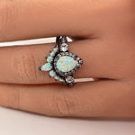Load image into Gallery viewer, Opal Engagement Ring Set, Art Deco Fitted Opal Ring Set, Opal Bridal Set, Wedding Ring Opal Band, Pear Opal Ring