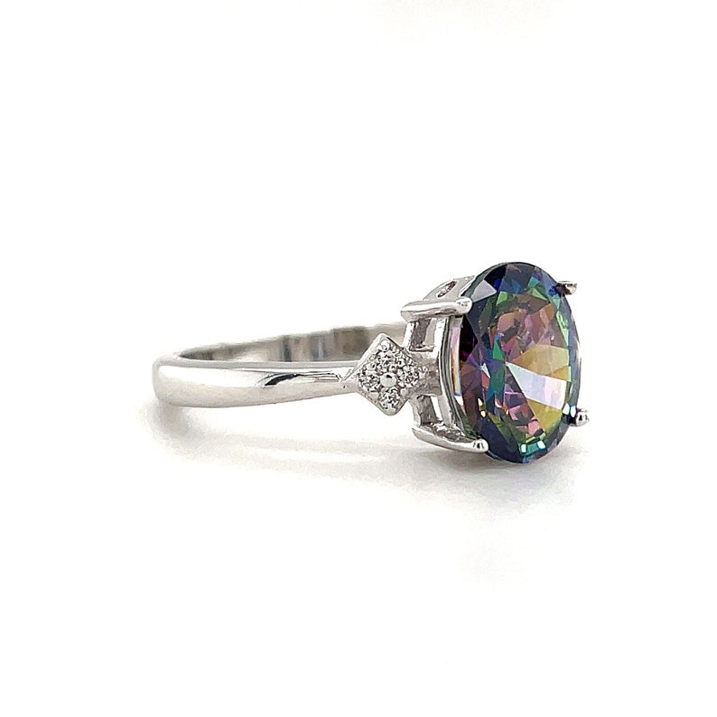 1.00ct Oval Mystic Topaz Engagement Ring / Oval Rainbow Topaz / Sterling Silver / Proposal Ring Wedding Ring