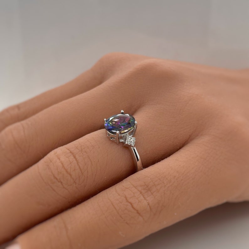 1.00ct Oval Mystic Topaz Engagement Ring / Oval Rainbow Topaz / Sterling Silver / Proposal Ring Wedding Ring