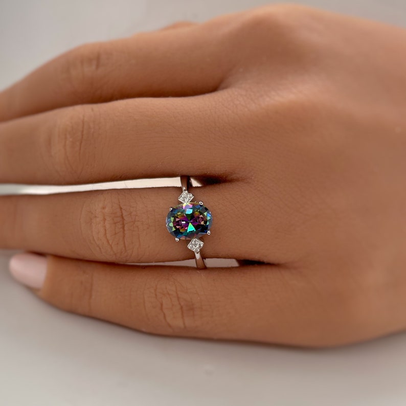 1.00ct Oval Mystic Topaz Engagement Ring / Oval Rainbow Topaz / Sterling Silver / Proposal Ring Wedding Ring