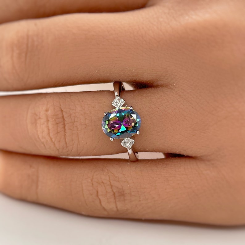 1.00ct Oval Mystic Topaz Engagement Ring / Oval Rainbow Topaz / Sterling Silver / Proposal Ring Wedding Ring