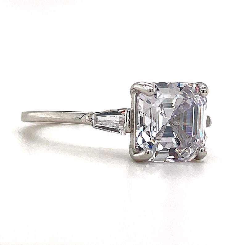 3.00ct Asscher Cut Solitaire, Art Deco Asscher Diamond with side Baguette, Engagement Ring, Proposal Ring, Bridal Ring, Simulated Diamond