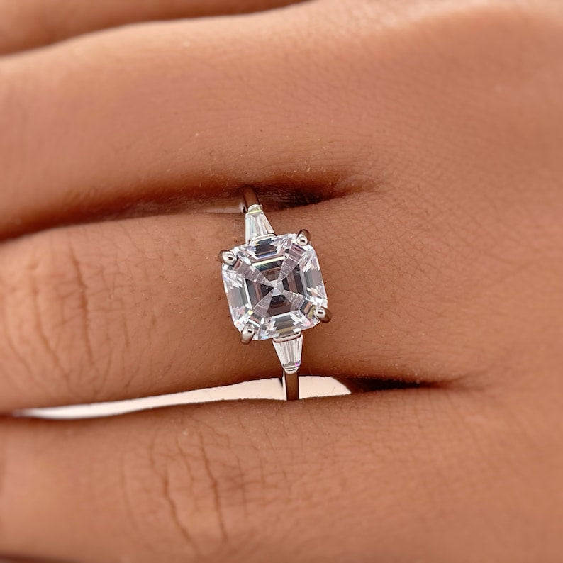 3.00ct Asscher Cut Solitaire, Art Deco Asscher Diamond with side Baguette, Engagement Ring, Proposal Ring, Bridal Ring, Simulated Diamond