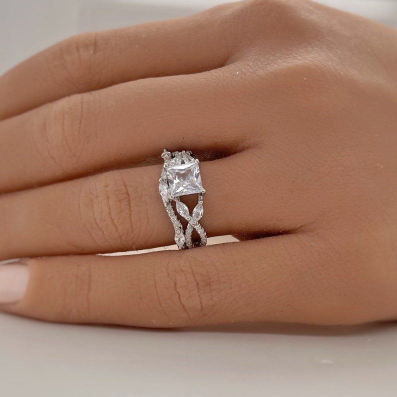 Princess Cut Diamond Art Deco Engagement Ring Set, Square Diamond with Marquise Band, Wedding Ring Art Deco Set Twisted Band Infinity Band