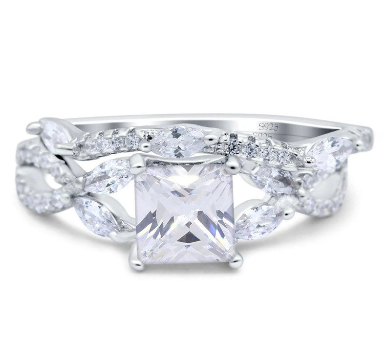 Princess Cut Diamond Art Deco Engagement Ring Set, Square Diamond with Marquise Band, Wedding Ring Art Deco Set Twisted Band Infinity Band