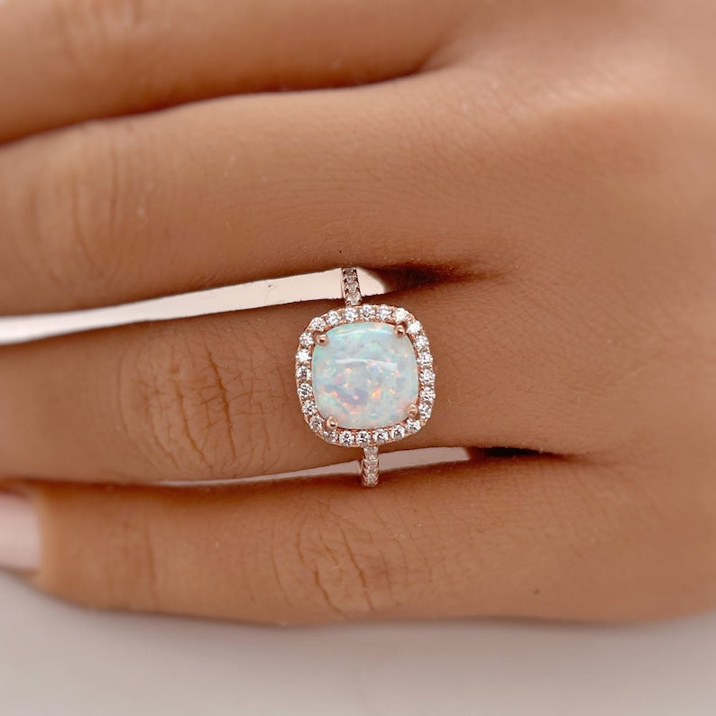 Art Deco Fire Opal Halo Ring: Sterling Silver Engagement Ring