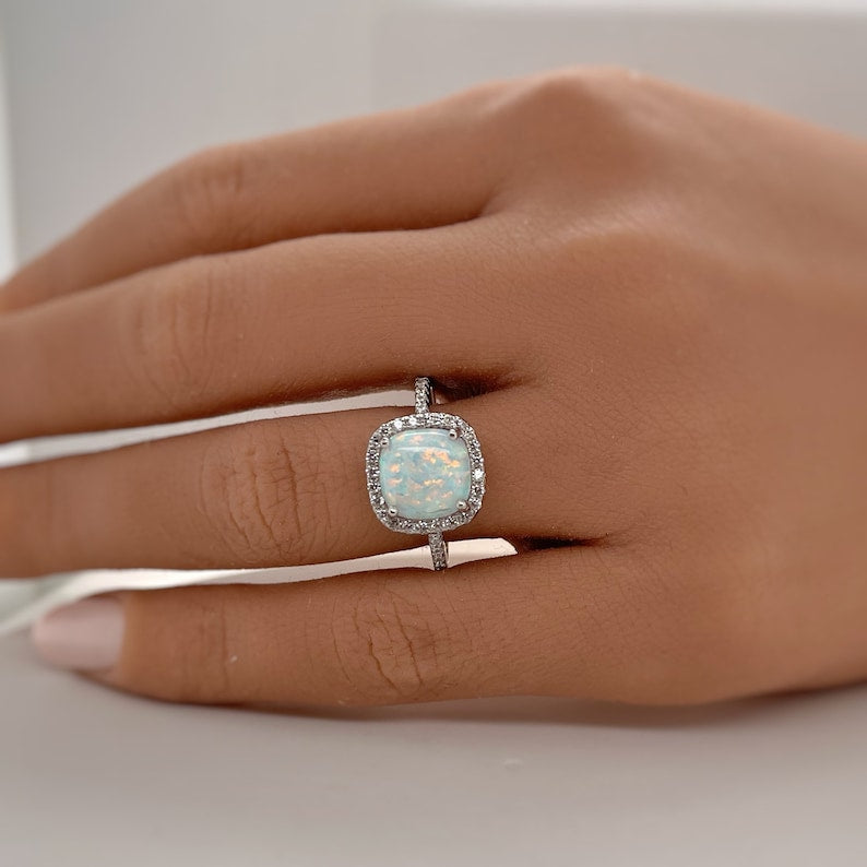 Art Deco Fire Opal Halo Ring: Sterling Silver Engagement Ring