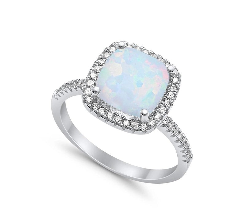 Art Deco Fire Opal Halo Ring: Sterling Silver Engagement Ring